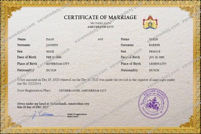 Netherlands marriage certificate PSD template